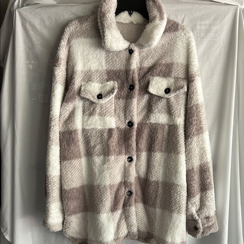 Plaid Fleece Jacket - Cream and Brown